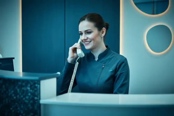 dental receptionist training in action with a smile, happy tone, and name being used.