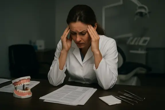 woman dentist at her desk all stressed and stuck in the victim mindset