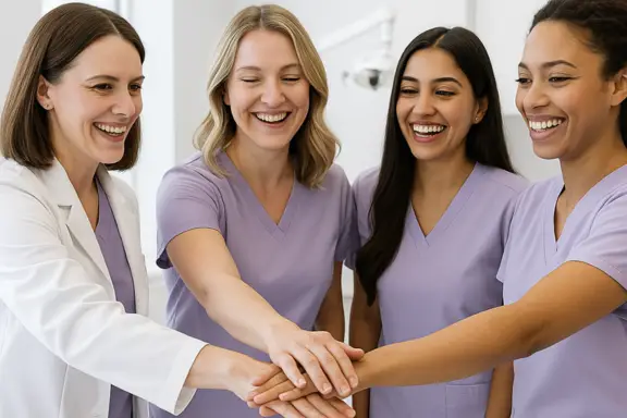 women dentist ending her huddle with all hands in