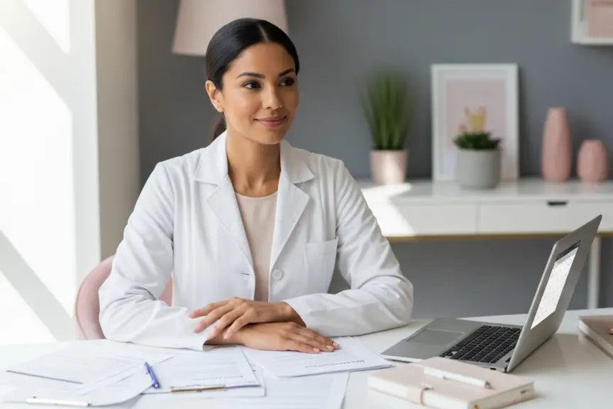 female dentist at her desk working on her dental practice goal setting