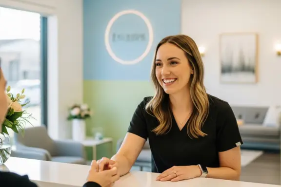 a dental receptionist greeting a patient using the new language secrets she learned from the owner dentist