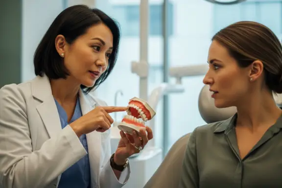 woman dentist using visuals like a dental model to present dental treatment plan to the patient